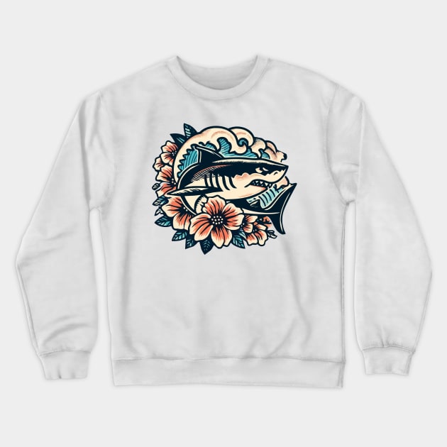 Tropical Shark Riding Wave Crewneck Sweatshirt by Organicgal Graphics